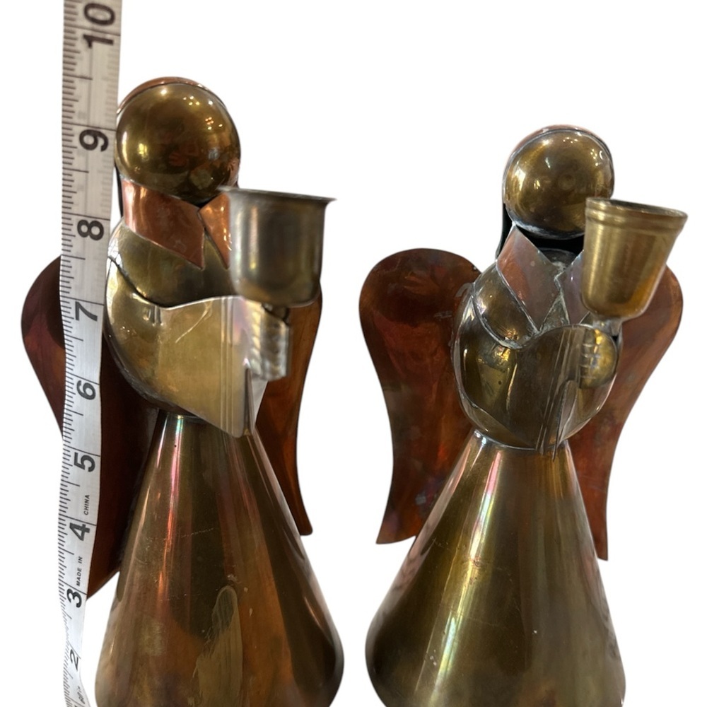 9" Pair Vintage Brass & Copper Angel Candleholders MCM Art Deco Christmas - Picture 6 of 11